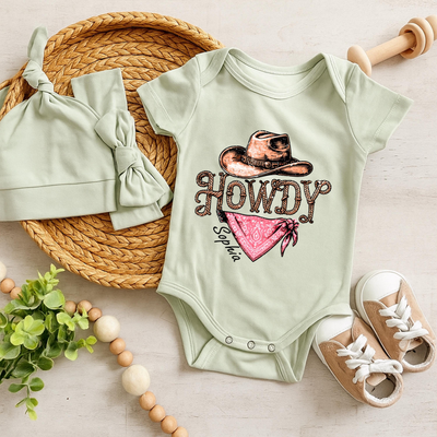 Custom 'Howdy' Bamboo Onesie, Cowgirl Baby Bodysuit SwaddleAn