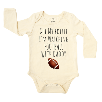 Get my bottle I'm watching with my daddy Baby Onesie, Football Bamboo Bodysuit SwaddleAn