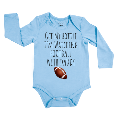 Get my bottle I'm watching with my daddy Baby Onesie, Football Bamboo Bodysuit SwaddleAn