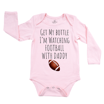 Get my bottle I'm watching with my daddy Baby Onesie, Football Bamboo Bodysuit SwaddleAn