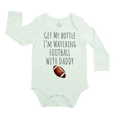 Get my bottle I'm watching with my daddy Baby Onesie, Football Bamboo Bodysuit SwaddleAn