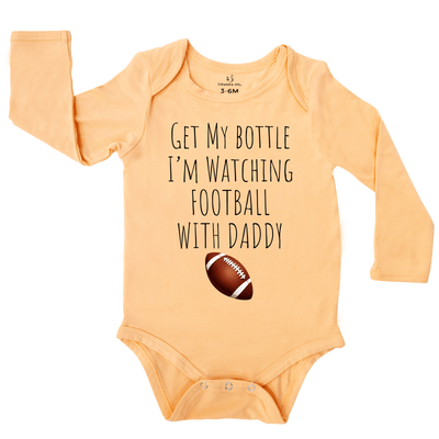 Get my bottle I'm watching with my daddy Baby Onesie, Football Bamboo Bodysuit SwaddleAn