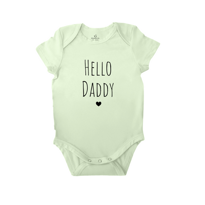 Light green baby onesie with 'Hello Daddy' text on a white background