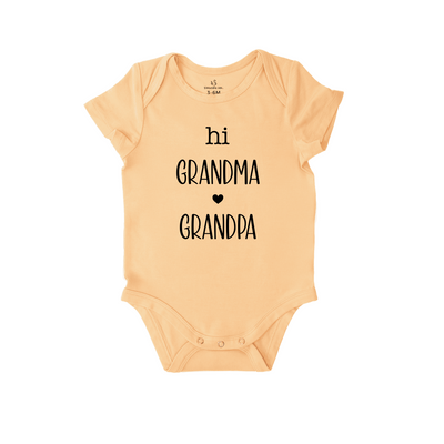 Beige baby onesie with 'hi GRANDMA ❤️ GRANDPA' text on a white background