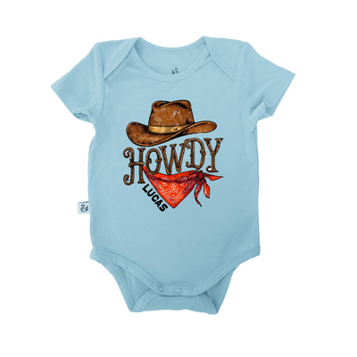 Custom Name Howdy Bamboo Onesie, Western Baby Bodysuit SwaddleAn