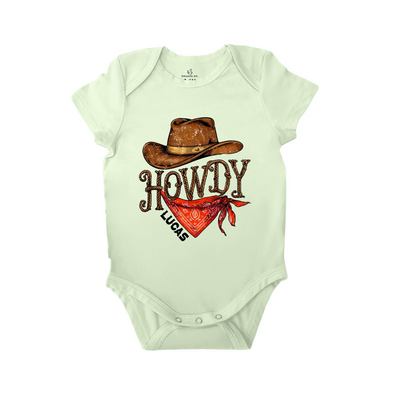 Custom Name Howdy Bamboo Onesie, Western Baby Bodysuit SwaddleAn
