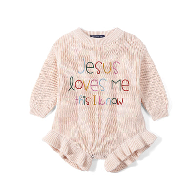 Jesus Loves Me This I Know Embroidered Knit Baby Romper