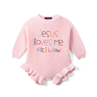 Jesus Loves Me This I Know Embroidered Knit Baby Romper