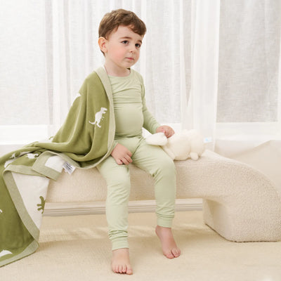 Child in green pajama set with dinosaur blanket on a couch