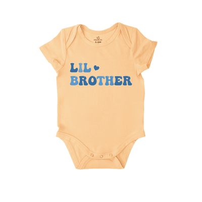 Baby onesie with 'LIL BROTHER' text on a white background