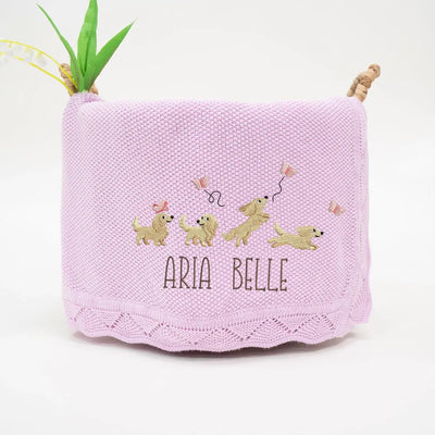 Lilac personalized baby blanket with embroidered dachshunds and 'Aria Belle' text on a white background