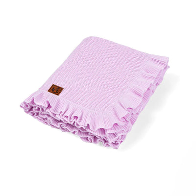 Lilac ruffled blanket with a SWaddle AN brand logo on a white background