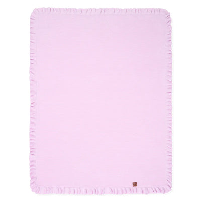 Lilac ruffle knitted baby blanket with a SWaddle AN brand logo on a white background