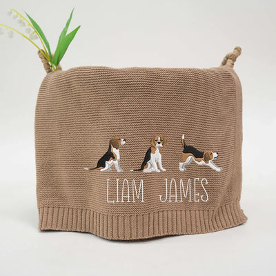 Mocha personalized baby blanket with embroidered beagle puppies and text on a white background