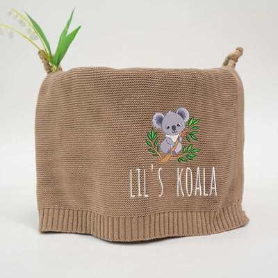 Mocha personalized baby blanket with a koala design and 'Lil's Koala' text on a white background