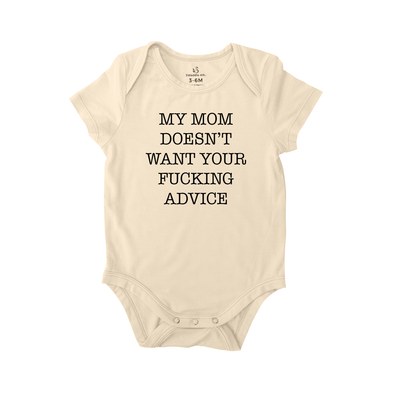 Beige baby onesie with text on a white background
