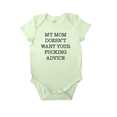 Light green baby onesie with black text on a white background