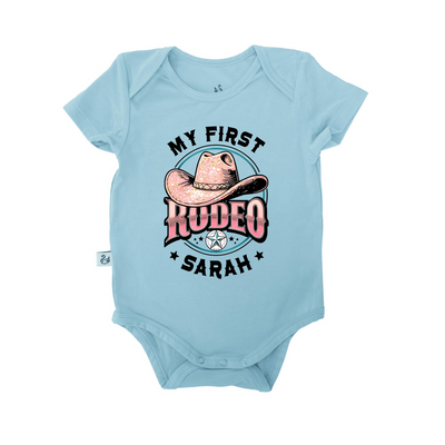 Custom Name 'My First Rodeo' Bamboo Onesie, Western Baby Bodysuit - SwaddleAn
