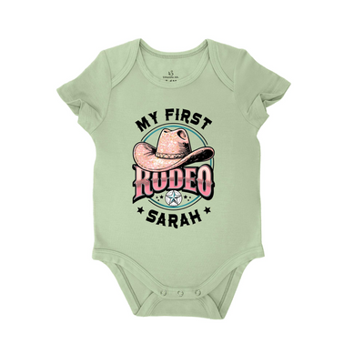 Custom Name 'My First Rodeo' Bamboo Onesie, Western Baby Bodysuit - SwaddleAn