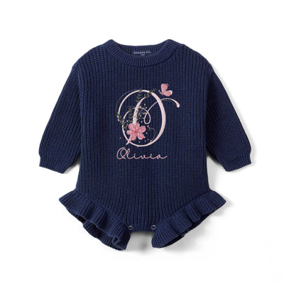 Custom Floral Initial Embroidered Knit Baby Romper