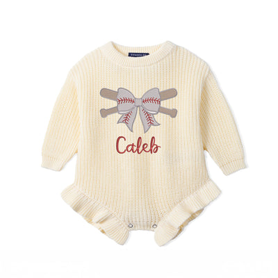Embroidered Baseball Coquette Bow Baby Rompers