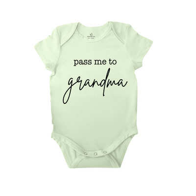Light green baby onesie with 'pass me to grandma' text on a white background