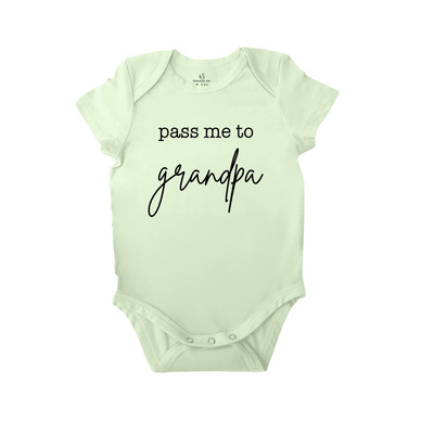 Light green baby onesie with 'pass me to grandpa' text on a white background