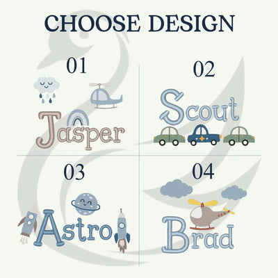 Design selection grid with names and icons for children's personalized astronaut knitted baby blanket.