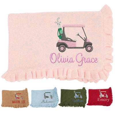 Personalized baby blanket with golf cart design and embroidered names, displayed with smaller versions of the blanket below.