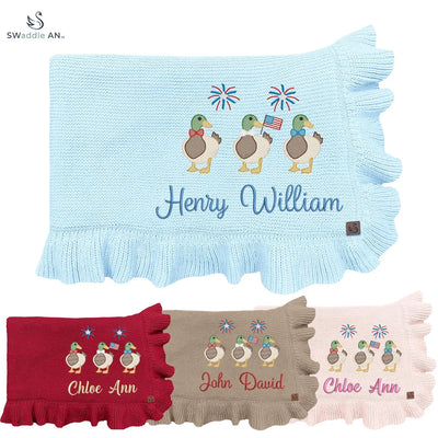 Set of personalized baby blankets with mallard duck trio designs and names on a white background.
