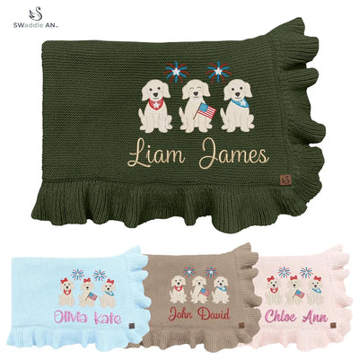 Personalized baby blanket with patriotic puppy trio and names on a white background