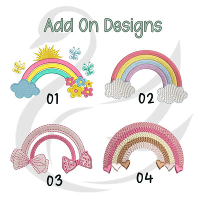 Set of rainbow designs with various embellishments on a white background