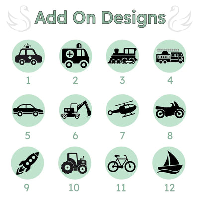 Set of 12 icons representing different vehicles on a light green background with text 'Add On Designs'.
