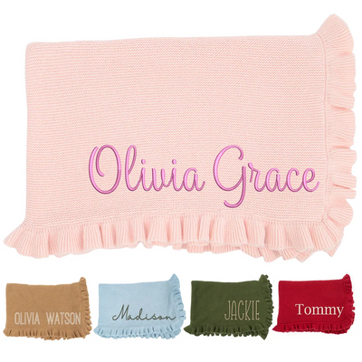Pink personalized baby blanket with embroidered name 'Olivia Grace' on a white background, with smaller blankets below displaying names.