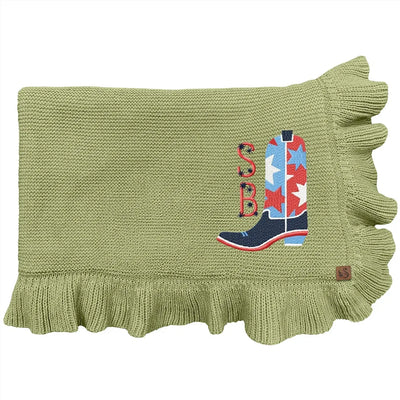 Sage green personalized baby blanket with a usa star cowboy boot and 'SB' design on a white background